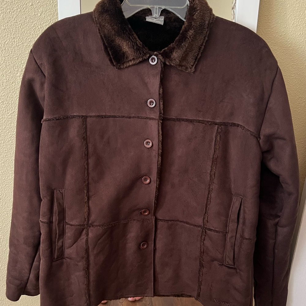 Chocolate Brown Suede Jacket with Faux Fur Collar.
